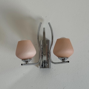 Vintage Italian Wall Sconce with Rose Matte Glass Shades and Chrome Arms / Mid Century Modern Double Wall Light / Space Age Lamp / 1970s