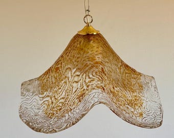 Vintage Murano Amber & Clear Glass Pendant Lamp / Italian Wavy Ceiling Light / Mid Century Modern Lighting / 1970s