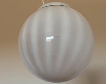 Vintage White Glass Globe Pendant Lamp / Mid Century Ceiling Sphere Light / Stripes Lamp / Italy / 1970s