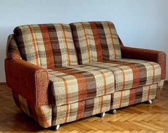 Vintage Yugoslavian Space Age Modular Sofa / Brown & Orange Striped Fabric / Mid-Century Modern Style / 1970s Two-Seater