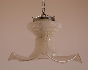 Vintage Wavy Glass Pendant Lamp / Mid Century Murano Clouded Glass Hanging Light / Italian Ceiling Lamp / 1970s