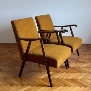 1 of 2 Antique Wooden Armchair / Mid Century Mustard Yellow Accent Chair / Uphosltered Lounge Chair / Yugoslavia / 1960s