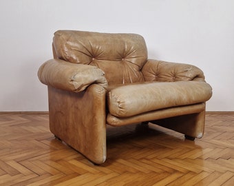 Vintage Light Brown Leather Armchair by Afra and Tobia Scarpa  for B&B Italy / Retro Lounge Chair / Italian Design / 1970s