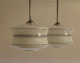 1 of 2 Vintage White Opaline Glass Pendant Lamp / Striped Space Age Ceiling Light / Yugoslavian Hanging Lamp / 1970s