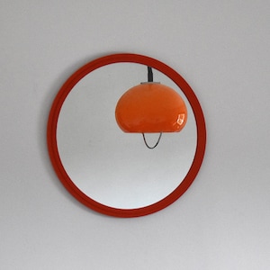 Vintage Round Wall Mirror / Mid Century Modern Round Mirror / Modernist Mirror / Clear Orange Framed Mirror / Home Decor / Yugoslavia / 70&#39;s