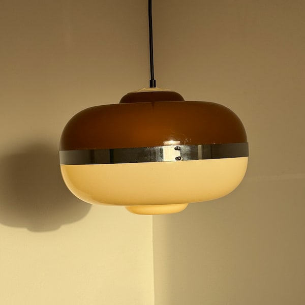 XXL Vintage Plastic Pendant Lamp / Brown White Ceiling Lamp / Mid Century Pendant Lamp / Vintage UFO Lamp / Atomic Ceiling Light / 1970s