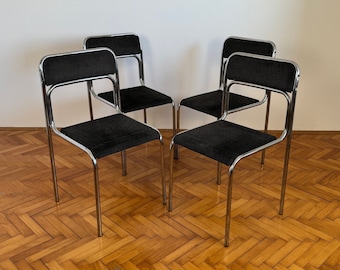 SET 4 Vintage Chairs / Tubular Dining chair / Mid Century / Space Age / Chrome Design / Italian Modernist / Kitchen Stacking / 1970s / 70s