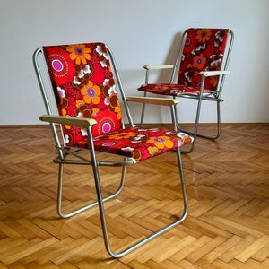 Vintage Camping Chairs Pair / Retro Picnic Chairs / Canvas Folding Chairs / Aluminum Compact Stools / Mid-Century Modern Outdoor Seating 70s