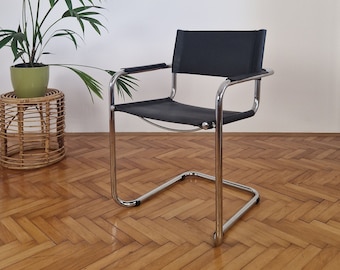 Vintage Bauhaus Office Black Leather Chair / Mid Century Modern Mart Stam Cantilever Chair / Dining Chair / Stol Kamnik / Yugoslavia / 1980s