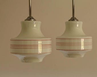 1 of 2 Vintage White Opaline Glass Pendant Lamp with Red Stripes / Space Age Yugoslav Ceiling Light / 1970s