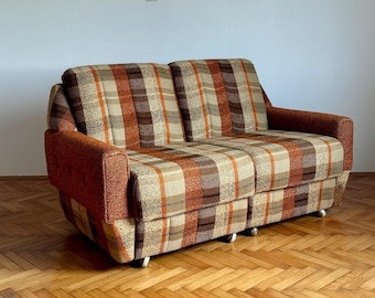 Vintage Yugoslavian Space Age Modular Sofa / Brown & Orange Striped Fabric / Mid-Century Modern Style / 1970s Two-Seater