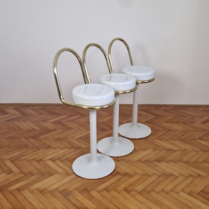 1 of 3 Vintage White & Gold Bar Stools with Back / Counter Height Stools / Mid Century Modern Bar Chairs / Yugoslavia / 1970s