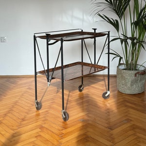 Mid Century Modern Brown Foldable Serving Bar Cart / Vintage Folding Trolley / Drinks and Food Trooley / Made in Germany / 1970s