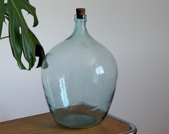 XL Vintage Blue Glass Demijohn Vase / Mid Century Transparent Floor Bottle / Italian Round Glass Carboy / Farmhouse Decor / 1950s