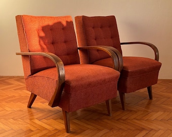 1 sur 2 fauteuils vintage / Fauteuil du milieu du siècle / Fauteuil rouge rétro / Yougoslavie des années 1960 / style Jindrich Halabala