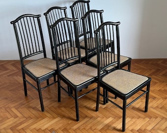 1 of 6 Black Wooden Dining Chairs / High Back Dining Room Chairs / Thonet Style  / Rattan Seat / Made in Italy / 1980s