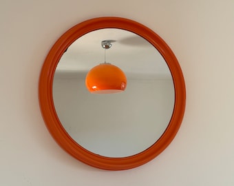 Orange Round Mirror / Vintage Circle Mirror / Mid Century Modern Wall Mirror / Space Age Mirror / Atomic / Home Decor / Yugoslavia / 1970s