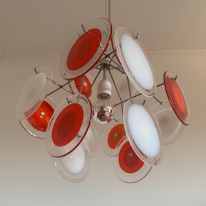 Vintage Vistosi Chandelier with Orange & White Murano Glass Discs / Mid Century Modern Pendant Lamp / Space Age Light / Italy / 1960s
