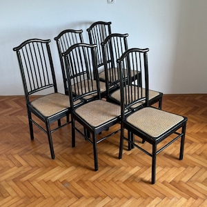 1 of 6 Black Wooden Dining Chairs / High Back Dining Room Chairs / Thonet Style  / Rattan Seat / Made in Italy / 1980s