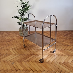 Wózek barowy Mid Century Modern Brown składany / Wózek składany Vintage / Wózek na napoje i jedzenie / Wyprodukowano w Niemczech / Lata 70.