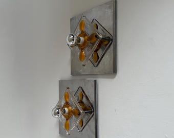 1 of 2 Vintage Mazzega Murano Square Glass Lamp / Italian Orange & Clear Glass Flush Mount / Chrome Wall or Ceiling Light / 1970s