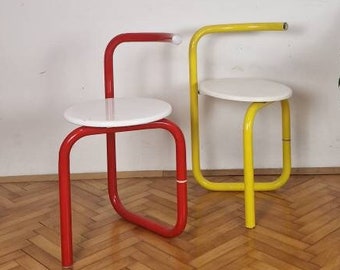 1 of 2 Meblo Design chairs / metal folding red/ ruen chairs / space age / mid-century modern / red / yellow vintage chairs / pop art style /