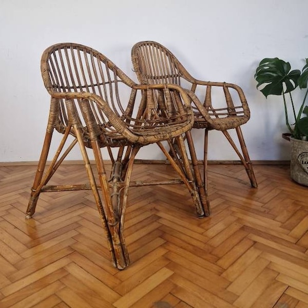 1 sur 2Fauteuil vintage en bambou, Italie/milieu du siècle/chaise d'extérieur vintage en rotin BOHO/Patio/balcon/meubles en bambou/années 1960/années 1970