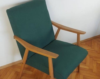 Mid-century Green  Cocktail Armchair with Springs  Vintage Wooden 1970s Yugoslavia armchair