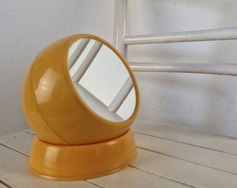 Mid Century Modern Round Yellow Plastic Mirror / Retro Circle Table Mirror / Makeup Mirror / Space Age Design / Atomic / Austria /  1970