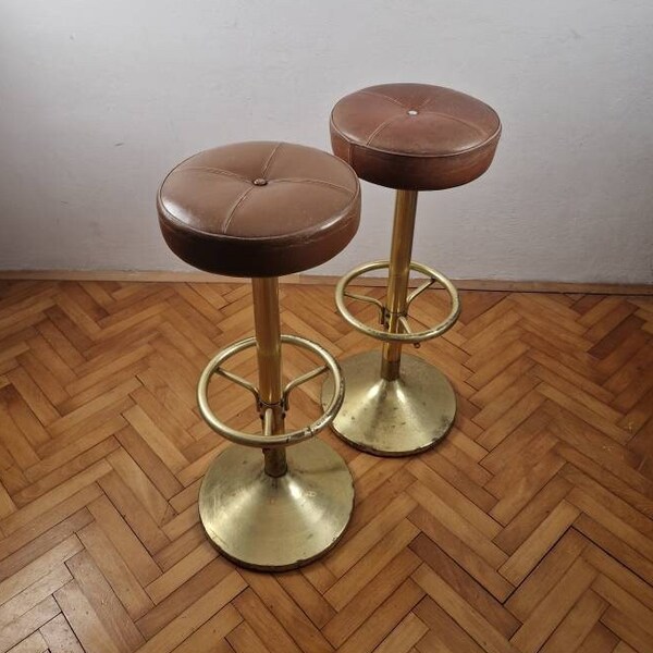 1 of 2 Vintage Bar Stools / Pub Stools /  Mid-Century / Brass and Faux-leather / Industrial Stool / Bar Chairs / Yugoslavia / 70s / 1970