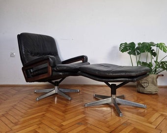 Mid-century/ armchair and stools / Retro / King armchair / black artificial leather / Designer armchair and stools / André Vandenbeuck /1960