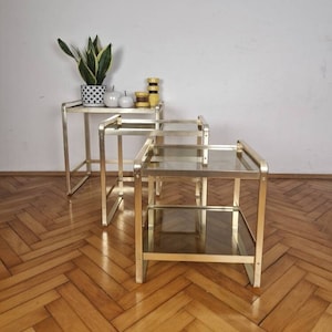 Set of 3 Vintage Golden Small Coffee Tables with Glass Top / Nesting Tables / Side Table / Sofa Table / Italy / 1980s