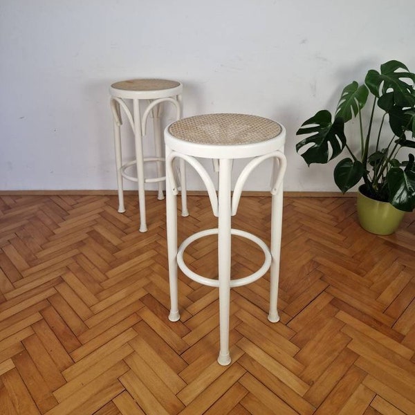 SET 2 Tabourets de bar antiques / Milieu du siècle / bois et rotin / chaises thonet / bois courbé / style BOHO/ Tabourets de bar / Made in Italy / 70s / 1970s