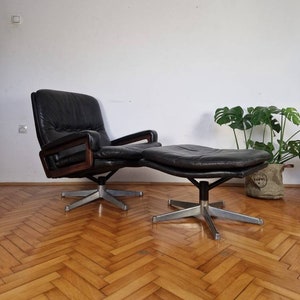 Vintage Black Leather Lounge Chair / Mid Century Armchair with Stool / King Lounge Chair / André Vandenbeuck Design / 1960s