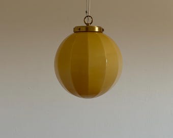 Vintage Ribbed Honey Beige Glass Globe Pendant Lamp / Mid Century Modern Ceiling Sphere Light / Yugoslavia / 1970s
