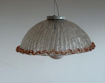 Vintage Murano Graniglia Glass Pendant Lamp / Pink Ruffled Italian Ceiling Light / Mid Century Hanging Lamp / 1970s