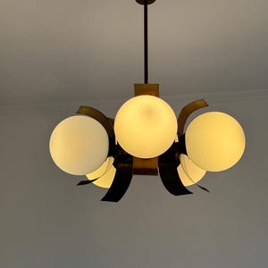 Vintage Bronze Cooper 5 Arms Sputnik Chandelier / Space Age Pendant Light with 5 Glass Globes / Retro Ceiling Light / 1970s