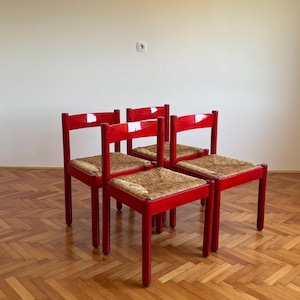 SET of 4 Vintage Red Carimate  Chairs by style Vico Magistretti / Wooden Dining Chairs with Woven Seat / Made in Italy / 1970s