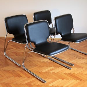 1 of 4 Vintage Bauhaus Cantilever Dining Chairs / Mid Century Black Tubular Chairs / Chrome Office Side Chairs / Italy / 1970s