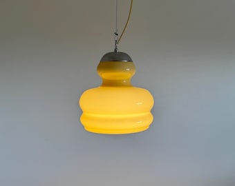 Vintage Beige Glass Pendant Lamp / Mid Century Modern Ceiling Light / Hanging Dining Room Lamp / Yugoslavia / 1970s
