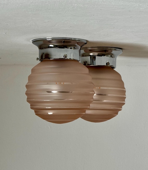 1 of 2 Vintage Pink Glass Globe Sconces / Mid Century Ceiling or Wall Lamps  / Chrome and Glass Lights / Made in Yugoslavia / 1960s