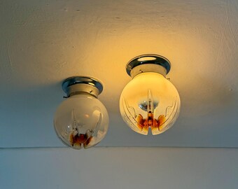 1 of 2 Vintage Mazzega Murano Globe Sconce / Italian White Clear & Amber Glass Wall or Ceiling Lamp / MCM Flush Mount / 1970s