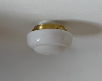 Vintage White Opaline Glass Ceiling or Wall Lamp / Mid Century Modern Round Sconce / Minimalist Flush Mount Light / Yugoslavia / 1970s
