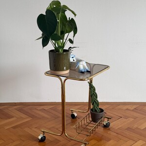 May include: A gold metal rolling cart with a glass top and a wire shelf. The cart has four wheels and is holding a green potted plant and a small ceramic figurine.
