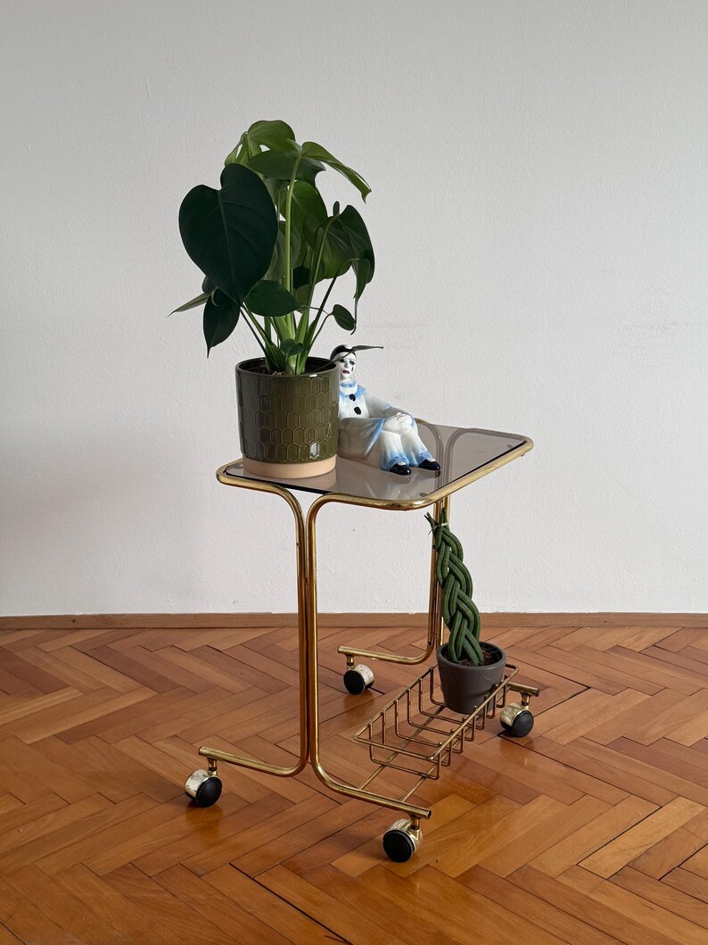 May include: A gold metal rolling cart with a glass top and a wire shelf. The cart has four wheels and is holding a green potted plant and a small ceramic figurine.