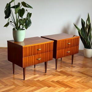 SET of 2 Vintage Bedside Tables / Mid Century Nightstands by Meblo / Wooden Night Tables with Drawers / Made in Yugoslavia / 1960s