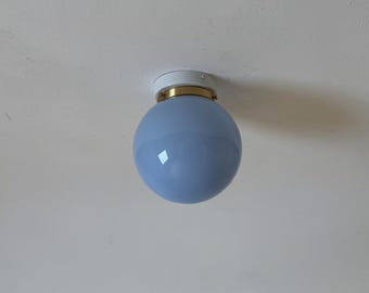 Vintage Blue Glass Globe Wall or Ceiling Light / Italian Flush Mount Lamp / Mid Century Sconce / 1960s