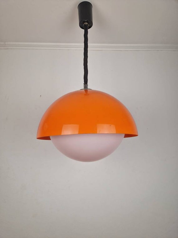 Meblo Guzzini Style Vintage Pendant Light / Orange & White Retro