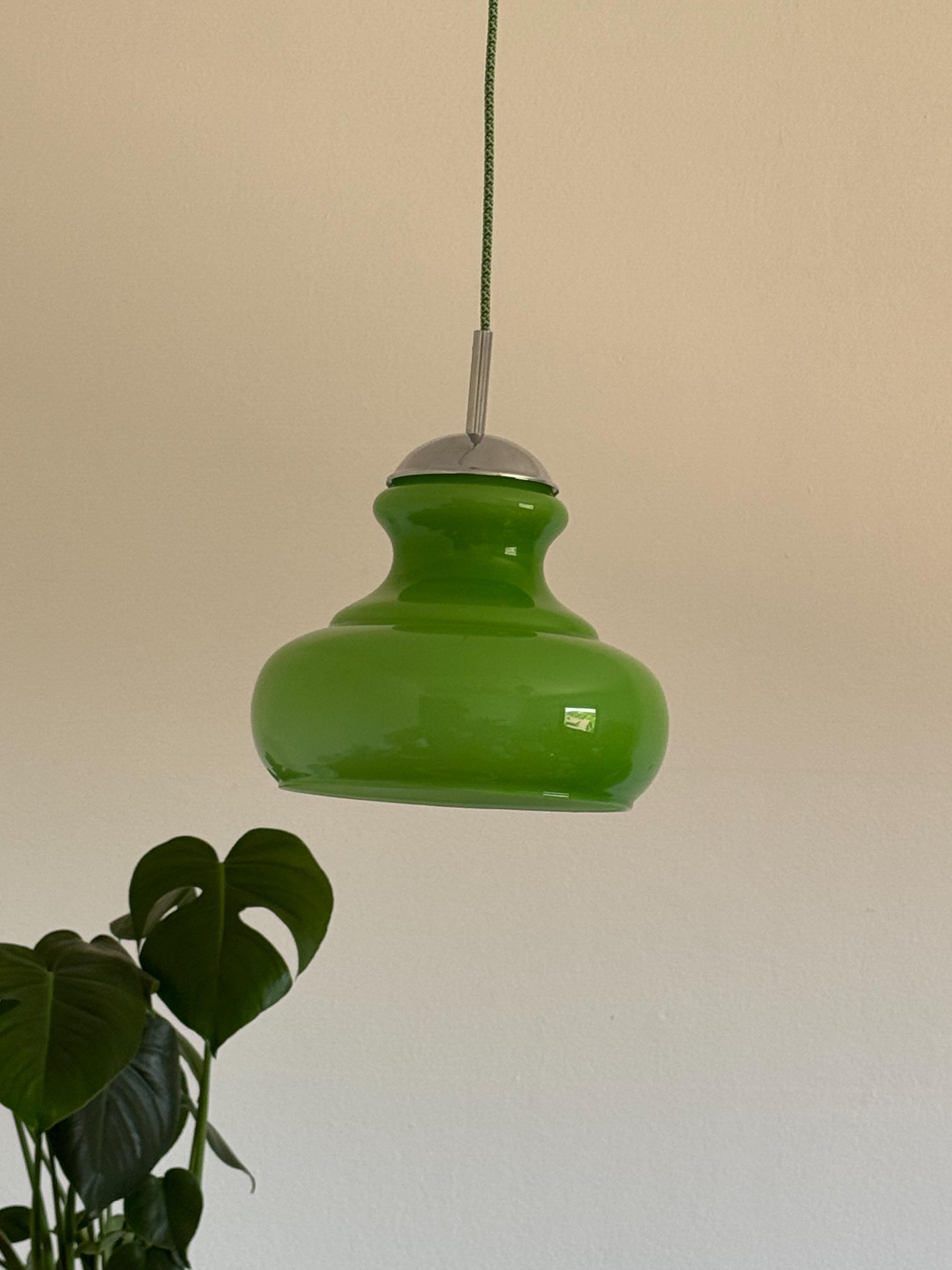 Vintage Light Green Opaline Glass Pendant Light / Mid Century