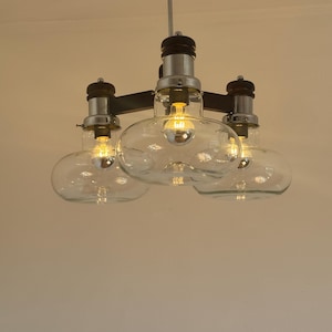 Mid Century Modern 3 Arm Chandelier / Vintage Pendant Light / Ceiling Lamp /  Glass Spheres / Dining Room Lighting / Yugoslavia / 1970s